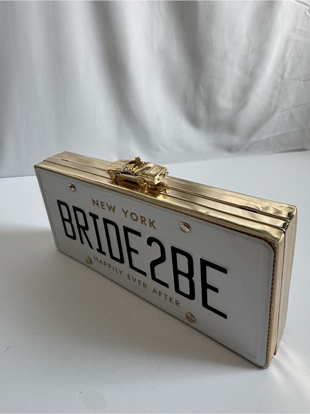 NWT! Rare and retired Kate Spade Gold & White 'BRIDE2BE' License Plate Clutch